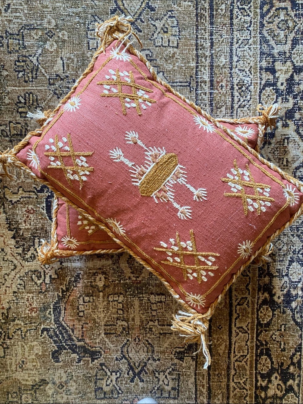 CREATIVE CO OP Embroidered Pink Throw Pillow with Gold Trim. SET OF TWO